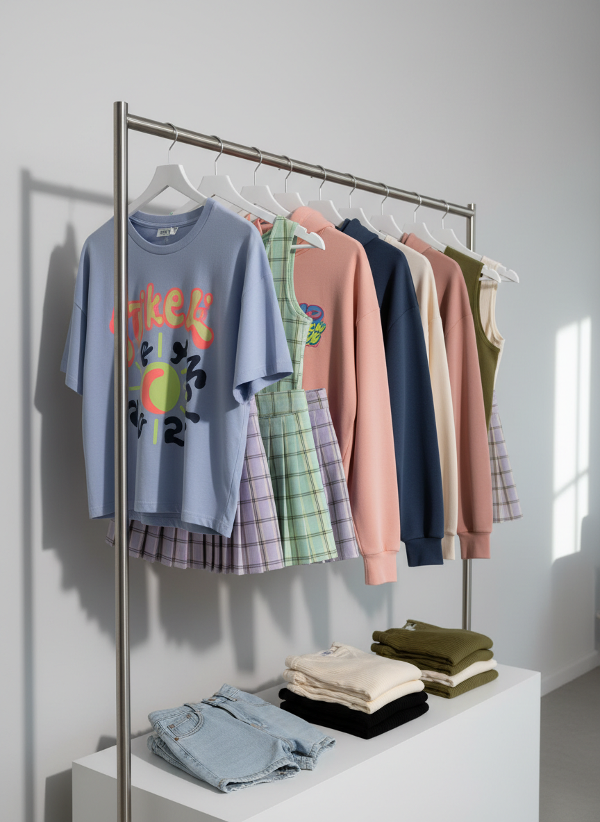 A clothing rack scene featuring a curated row of mix-and-match trendy outfits on slim, matte-white hangers. Oversized graphic tees in muted neons, cropped hoodies in dusty pink and slate blue, and pleated plaid mini skirts in soft pastels hang against a smooth light-gray wall. The rack is a sleek brushed metal bar, and below, a low white bench displays neatly folded denim shorts and ribbed knit tanks. Diffused studio lighting from both sides creates an even, flattering glow, with gentle shadows that add depth. Shot at eye level with a slight angle along the rack, the foreground garments are in sharp focus while the background softly blurs. The atmosphere feels playful, organized, and boutique-like, emphasizing variety and affordable trendiness in clean photographic realism.